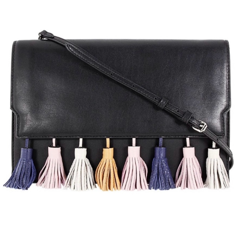 REBECCA MINKOFF Sofia Tassel Clutch Crossbody Handbag Black Leather orig $245